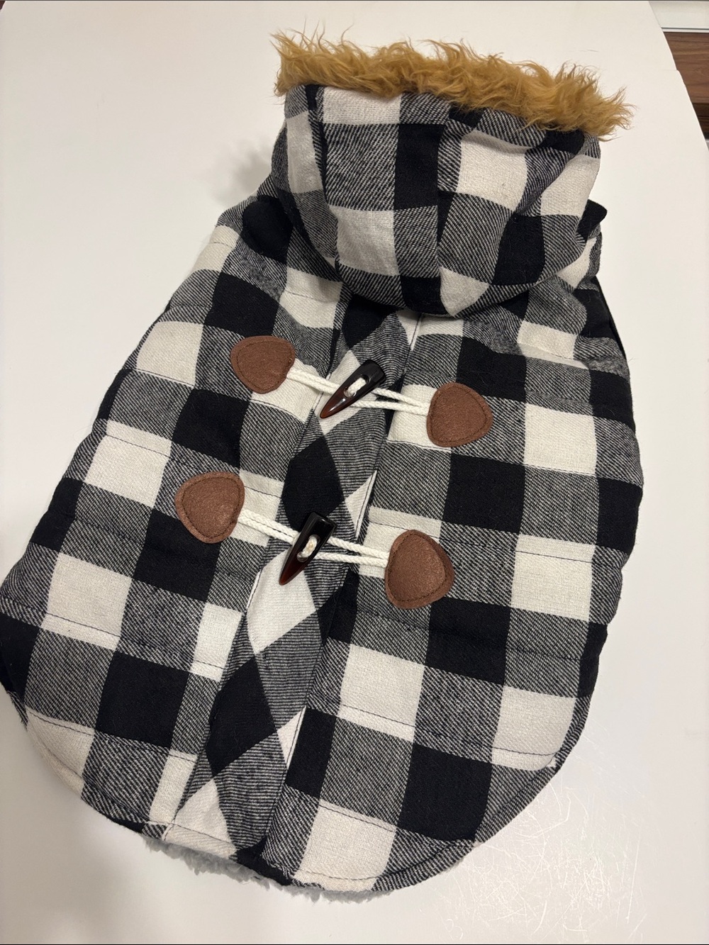 Buffalo Check Hooded Dog Coat with Faux Fur Trim - M